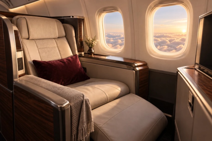 Imagem conceitual de cabine de viagem com poltrona ampla e luz do amanhecer